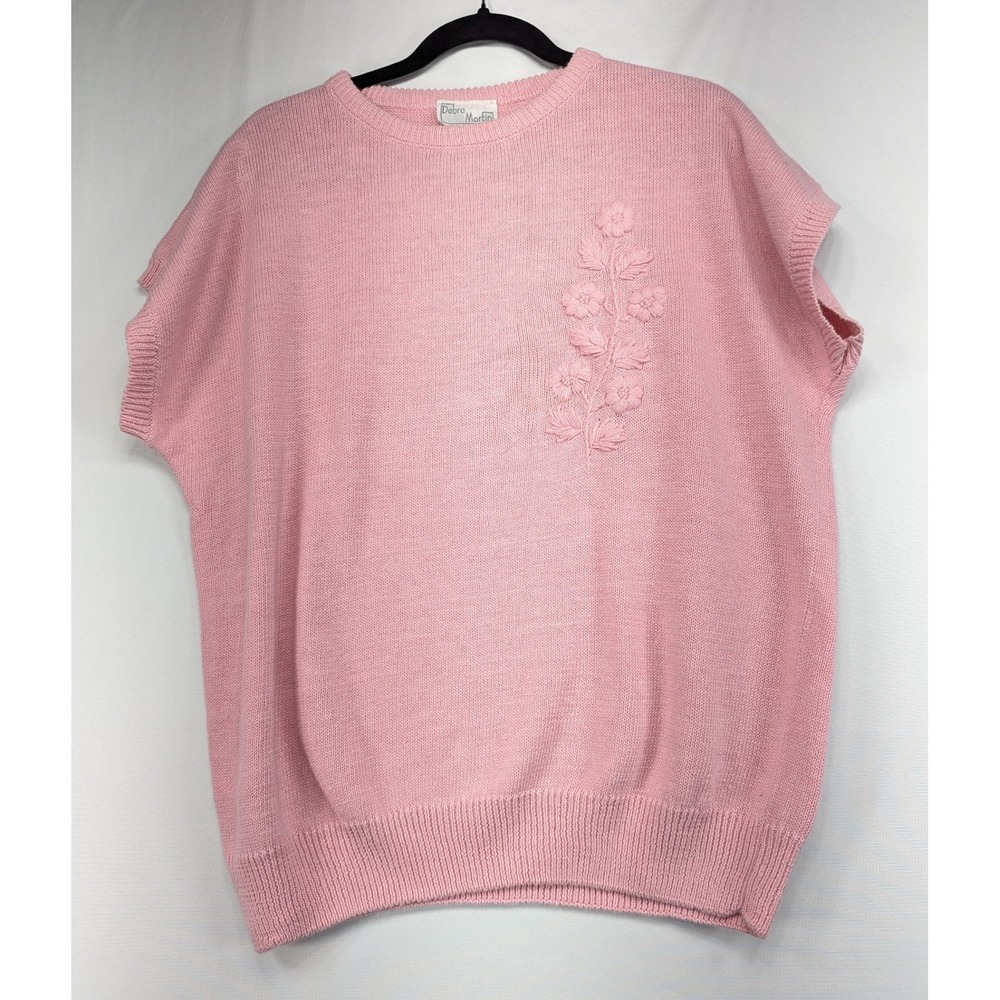 Debra Martin Vintage Pink Floral Embroidered Knit Sweater Vest Ramie Cotton XL